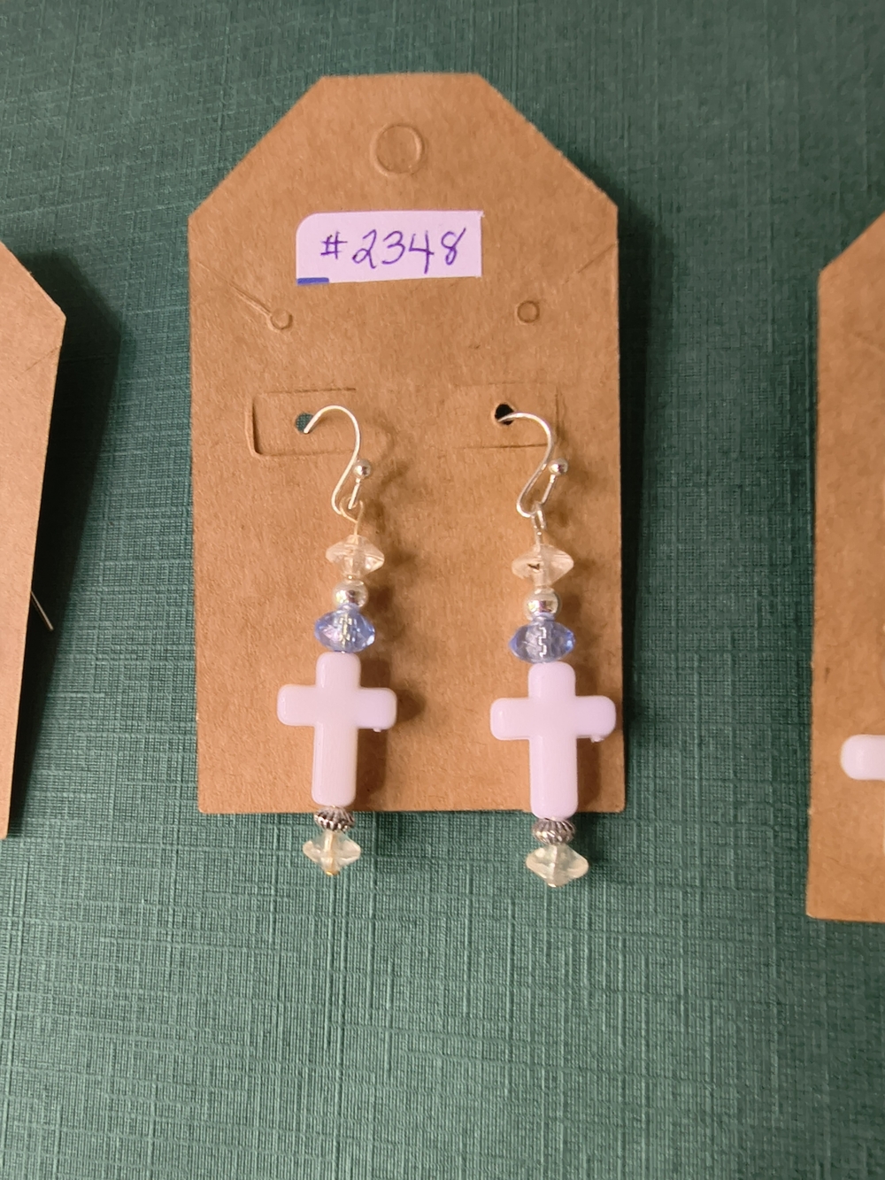 Pastel Pink Cross Drop Earrings with Iridescent Beads -